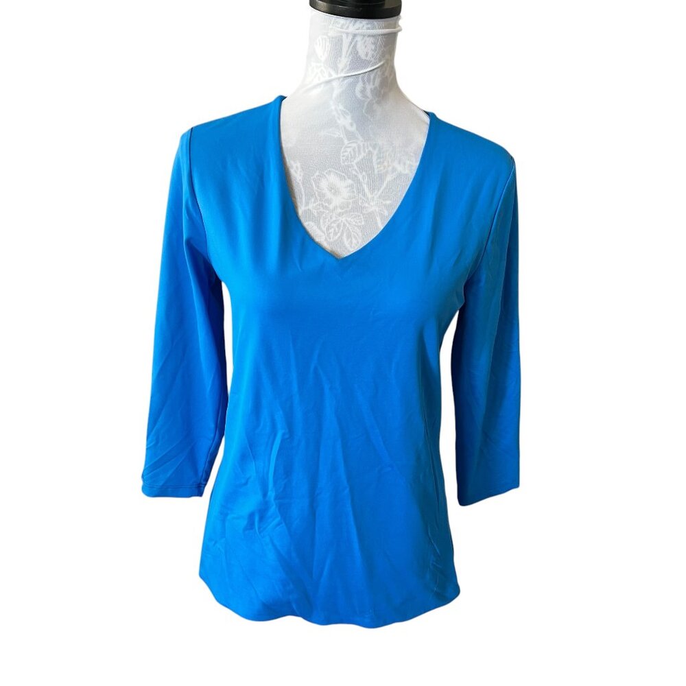 Judy P Top Size Medium Women Blue V Neck 3/4 Sleeve Stretch Pullover Classic